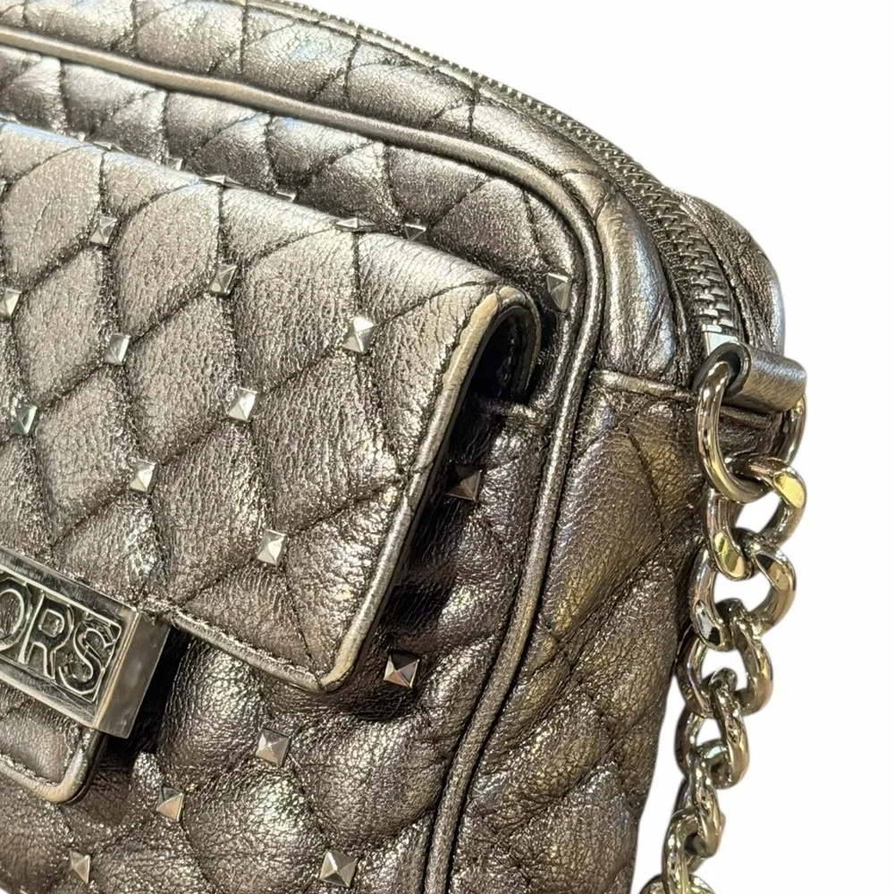 Michael Kors Kim Studded Quilted Gray Leather Messenger Crossbody Bag - Picture 4 of 13